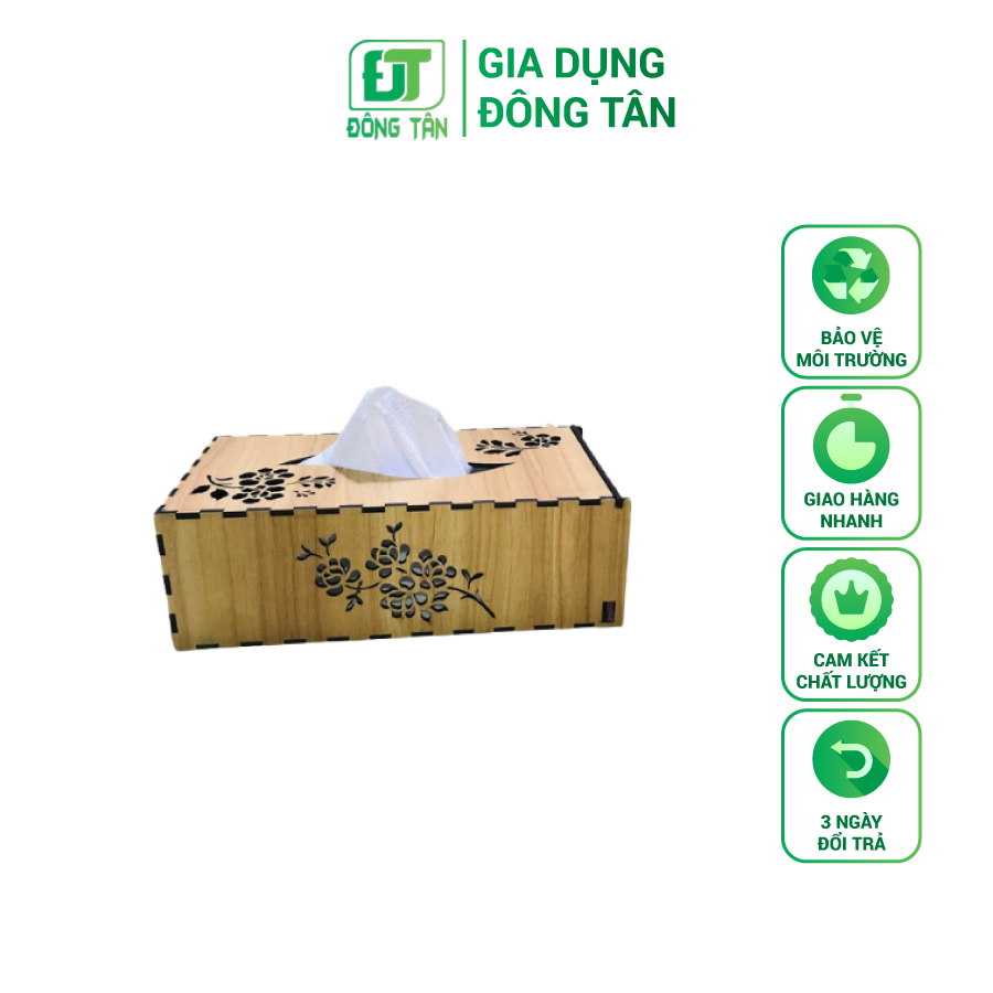 [HCM]Hộp Đựng Khăn Giấy Ăn Bằng Gỗ ĐÔNG TÂN Hình Chữ Nhật Khắc Hình Hoa Hồng