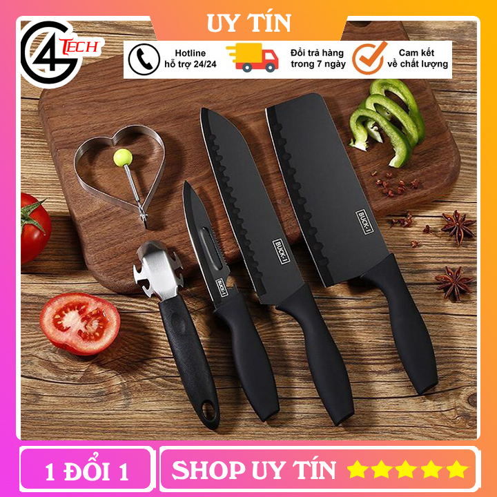 BỘ DAO 5 MÓN LÀM BẾP CAO CẤP BUCK BLACK - CHẤT LIỆU THÉP KHÔNG GỈ BỘ DAO NHÀ BẾP BỘ DAO BẰNG THÉP 5 MÓN. DAO NHÀ BẾP CẮT RAU CỦ QUẢ - TVT145