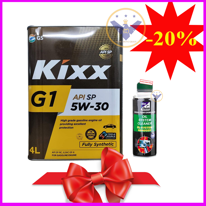 Dầu nhớt ô tô tổng hợp Kixx G1 API SP 5W30 Hàn Quốc can 4L - Fully Synthetic + Súc rửa động cơ Bluec