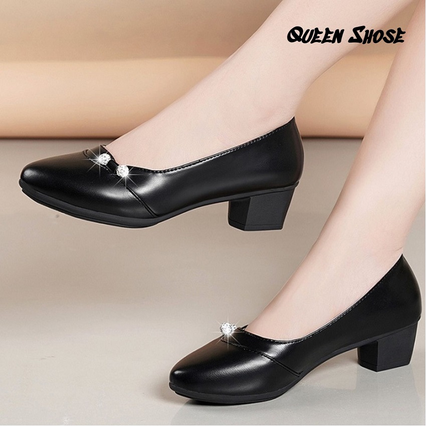 Giày búp bê nữ đính hạt ngọc đế vuông 3cm -da lỳ cao cấp - Hàng VNXK