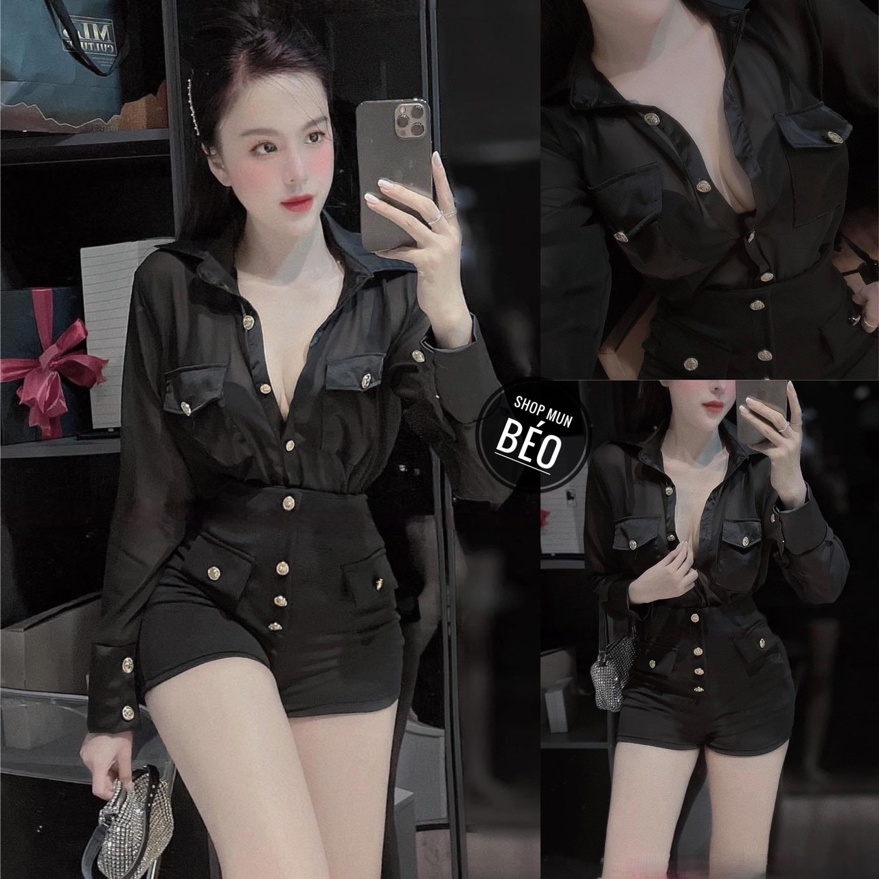 Set áo sơ mi tay dài kèm quần đính nút có dây kéo thích hợp mặc đi chơi đi tiệc đi dạo phù hợp với mọi phong cách