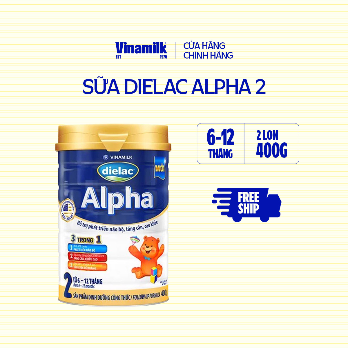 2 Hộp Sữa bột Vinamilk Dielac Alpha 2 - Hộp thiếc 400gr (cho bé từ 6 - 12 tháng tuổi) - Sữa cho trẻ sơ sinh hỗ trợ phát triển não bộ, tăng cân chiều cao, tăng sức đề kháng