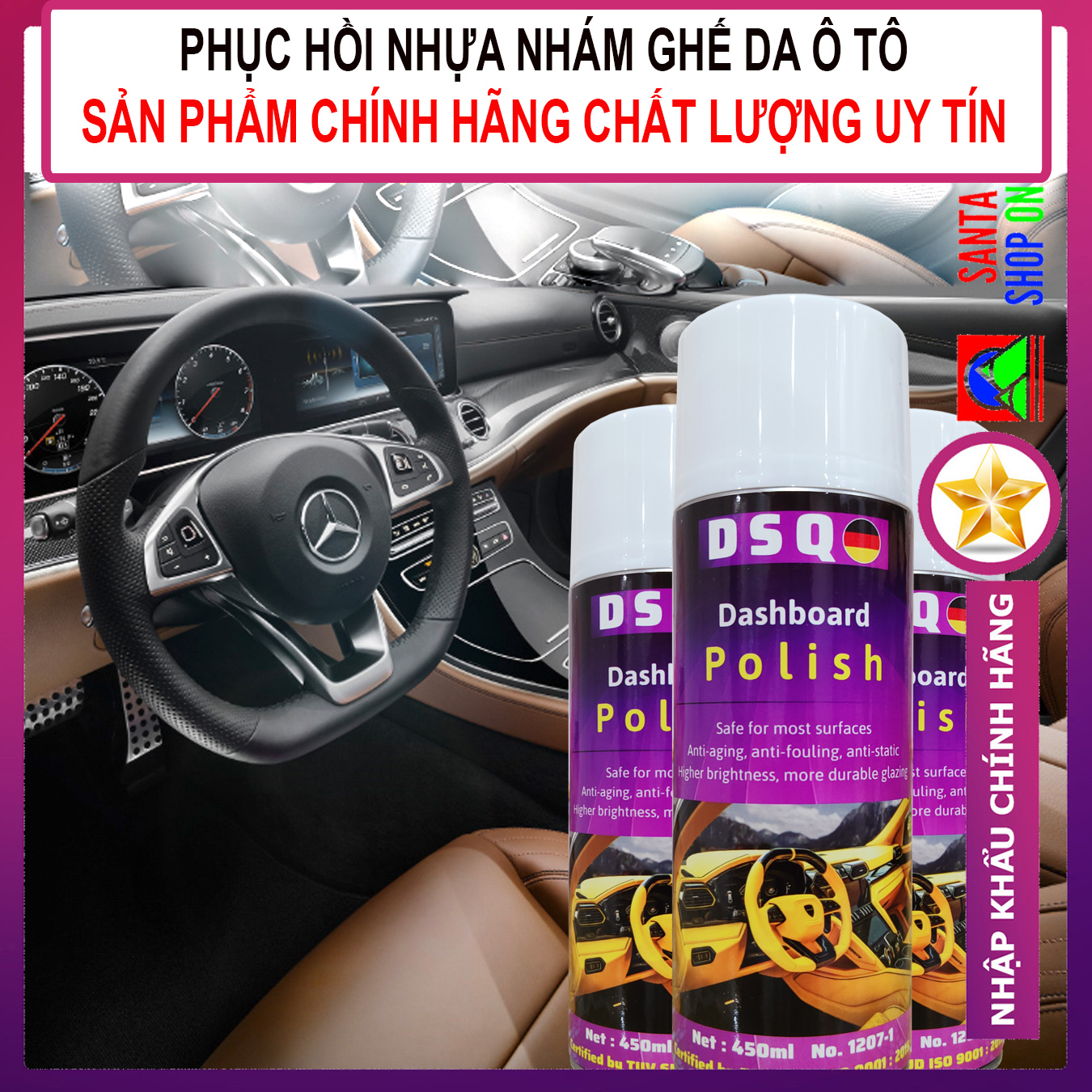 [ĐẸP NHƯ MỚI] Chai Xịt Dưỡng Nhựa Nhám Ô Tô, Xe Máy – Bình Dung Dịch Phục Hồi, Làm Mới Ghế Da, Nội Thất Xe Hơi – Chai Xịt Chống Lão Hóa Nhựa Nhám, Ghế Da, Sofa - DSQ DASHBOARD SPRAY 450ML - Công Nghệ ĐỨC - SANTA Nhập khẩu