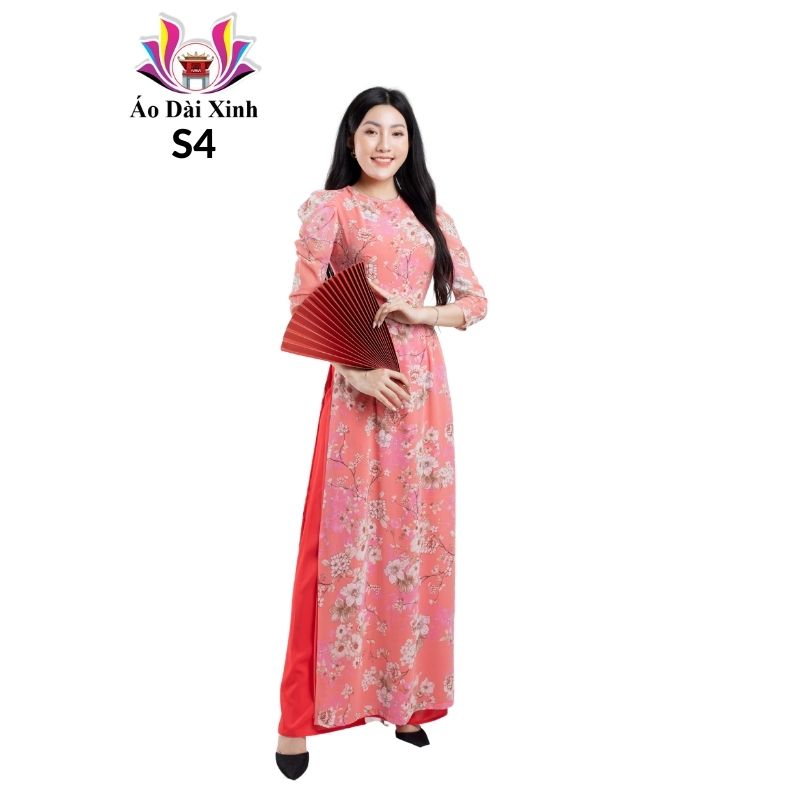 Bộ áo dài truyền thống voan tơ cổ tròn tay bồng 4 tà.