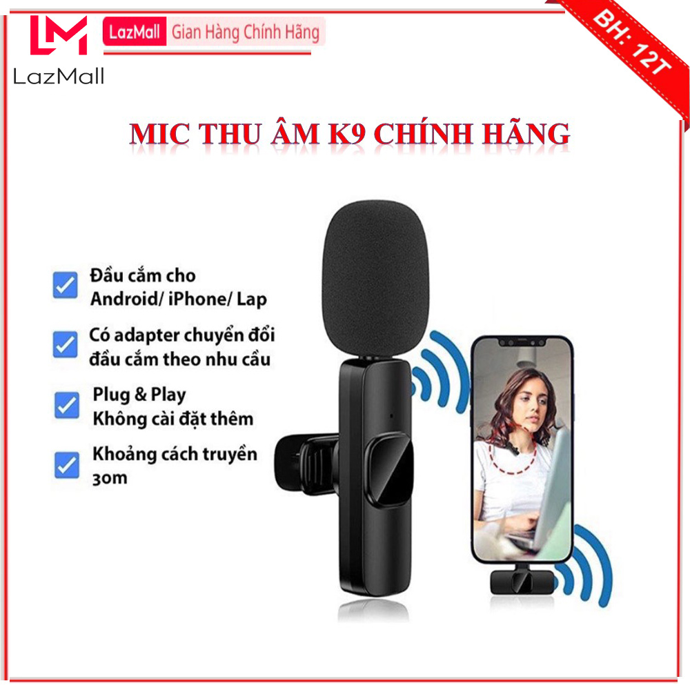 Mic Thu Âm Không Dây Cài Áo K9 Chính Hãng Khử Ồn Kết Nối Khoảng Cách Xa Lên Đến 20m Sử Dụng Livetream Quay Video Youtube Ghi Âm - Bảo Hành 1 Năm 