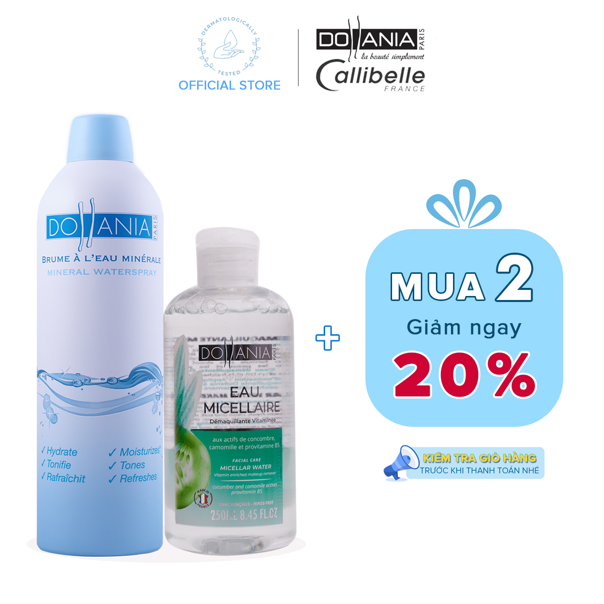Bộ Xịt khoáng Dollania giúp dưỡng ẩm dịu làn da và Nước tẩy trang làm sạch sâu bổ sung Provitamin