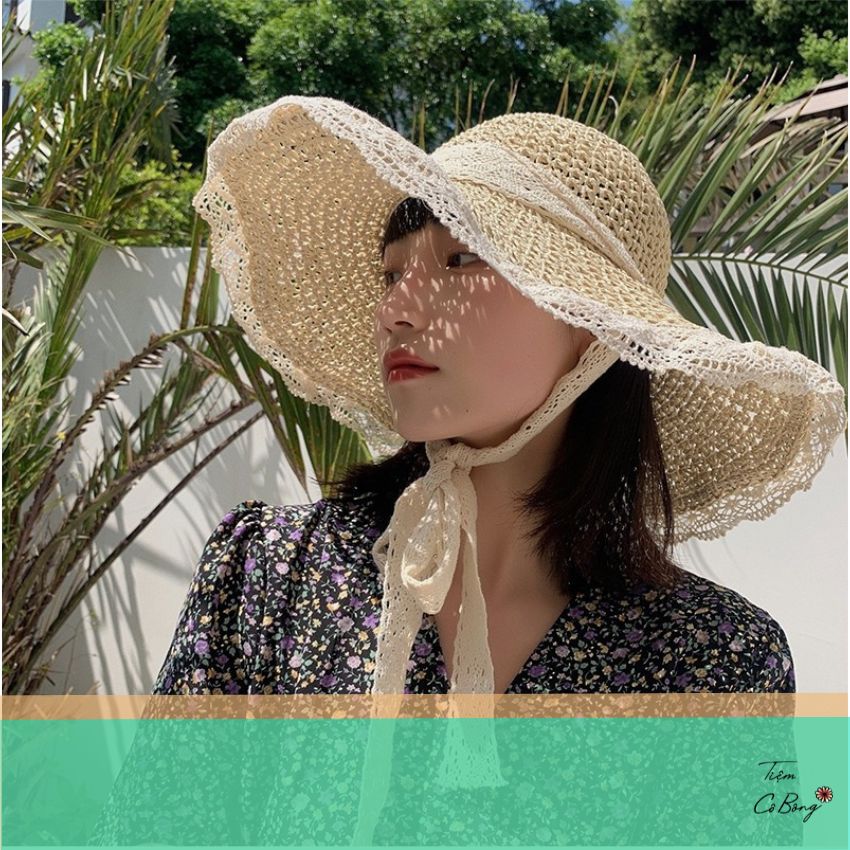 Mũ nón cói mềm viền ren dây ren buộc cổ tiểu thư
