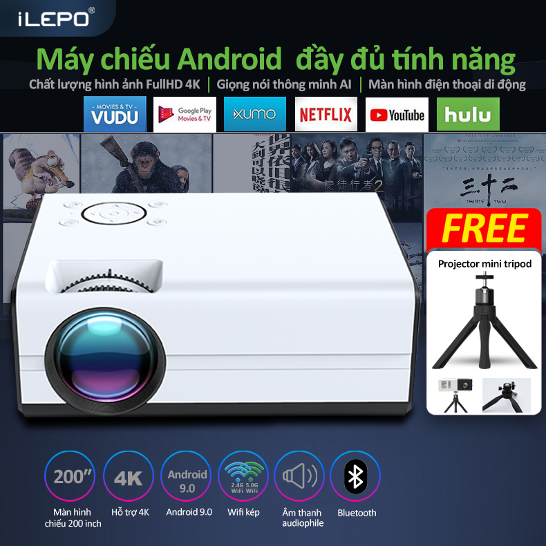 ▩∋✳ Máy chiếu mini hệ điều hành android 9.0 có sẵn youtube và các ứng dụng màn hình chiếu lên đến 120 inch bảo hành 12 tháng T01-A máy chiếu