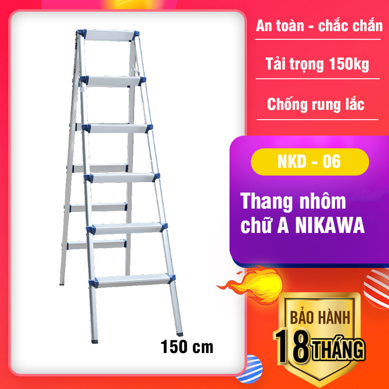 Thang Nhôm Gấp Chữ A Nikawa 6 Bậc Cao 1m5 Chắc chắn Gấp gọn Di chuyển dễ dàng Chân chống trượt Bảo hành chính hãng 18 tháng NKD-06