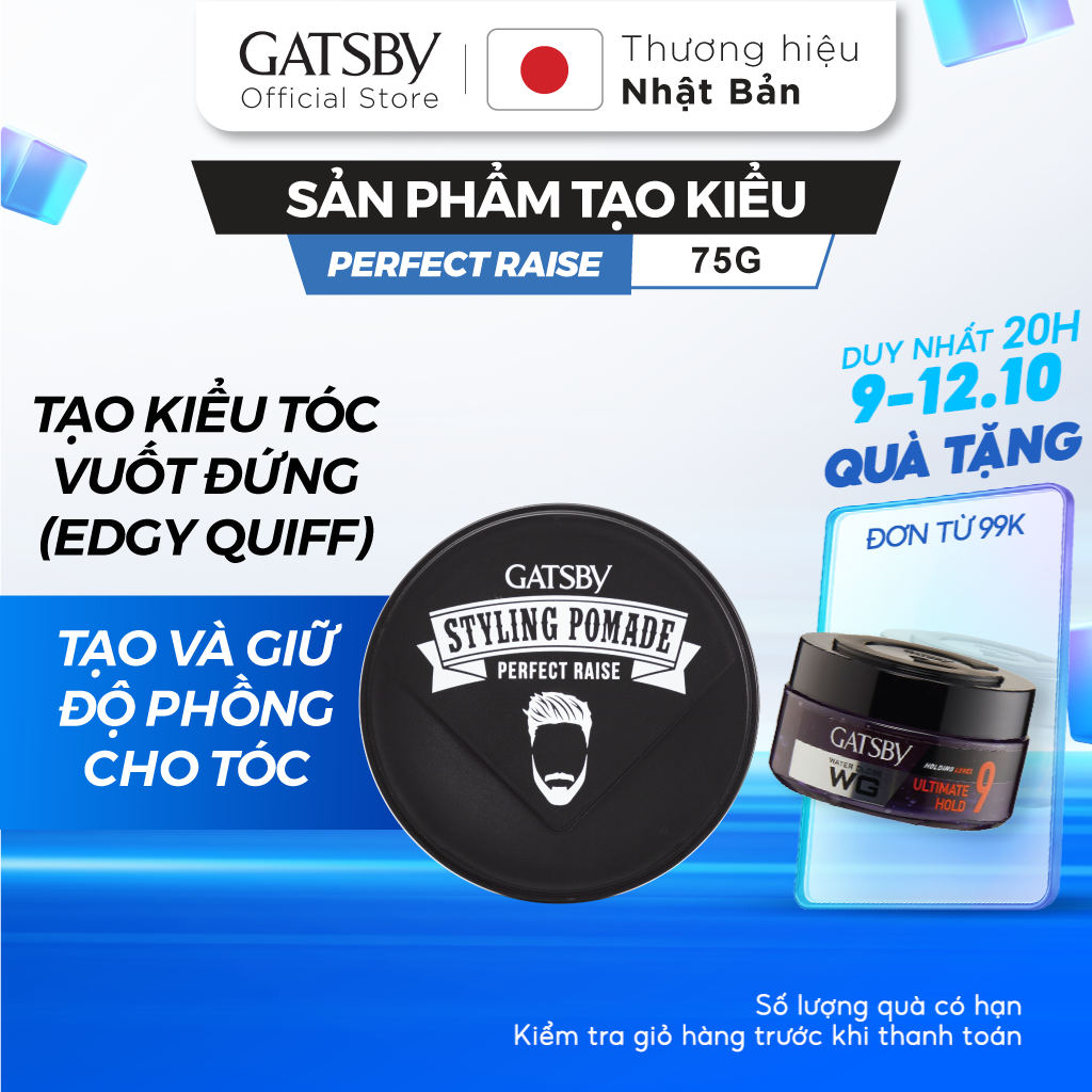 Sáp vuốt tóc GATSBY Styling Pomade Perfect Raise, Pomade tạo kiểu Edge Quiff mạnh mẽ, tạo & giữ độ phồng tóc 75g