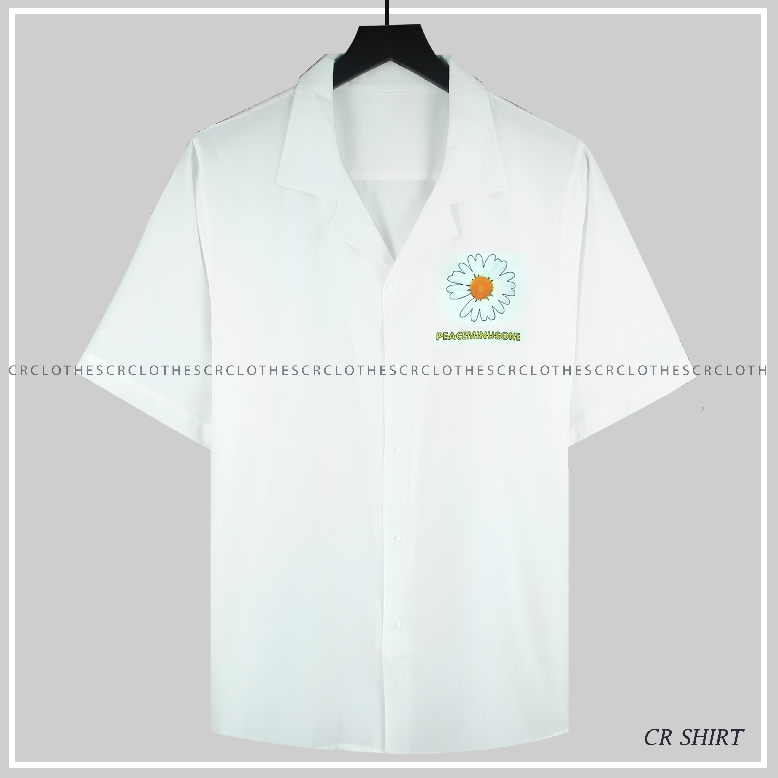 Áo sơ mi Trắng Hoa Cúc Cổ Vest đen ngắn tay form rộng unisex nam nữ vải lụa