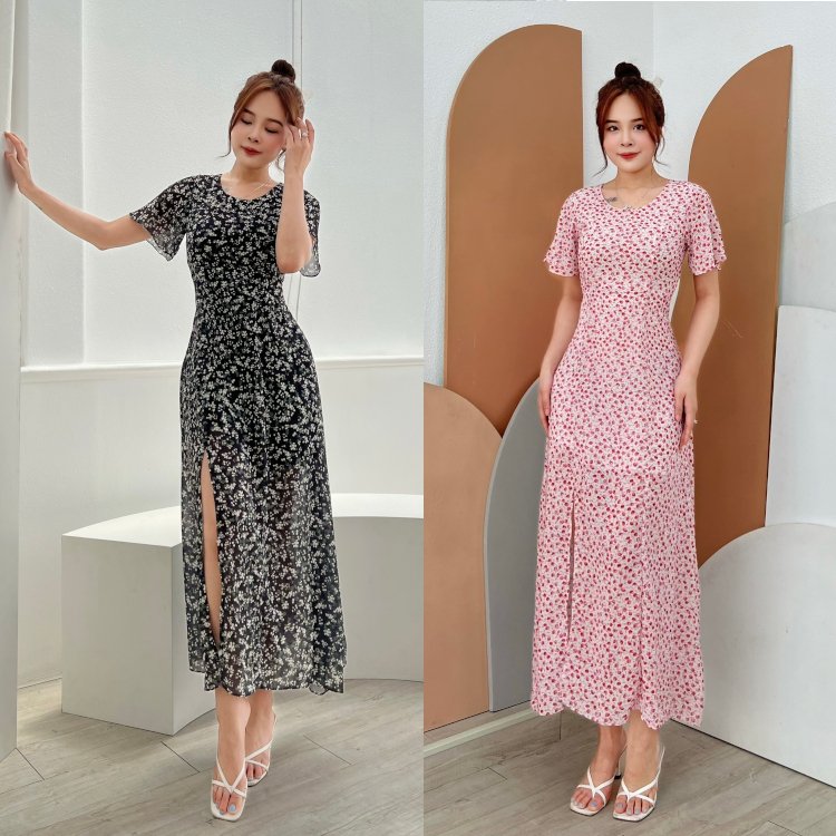 Maxi xẻ đùi hoa nhí cột eo misa - ms0226