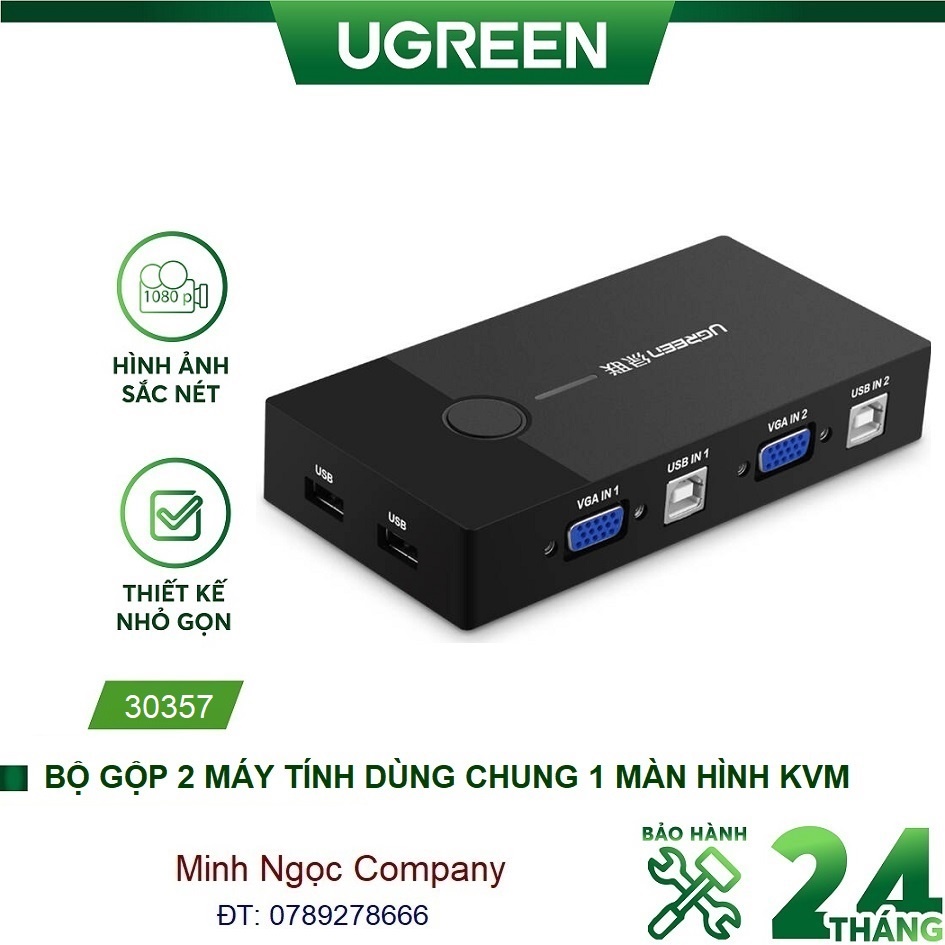 Bộ chuyển tín hiệu vga 2 máy tính dùng 1 màn hình kvm switch 2 cổng usb ugreen 30357 - hàng