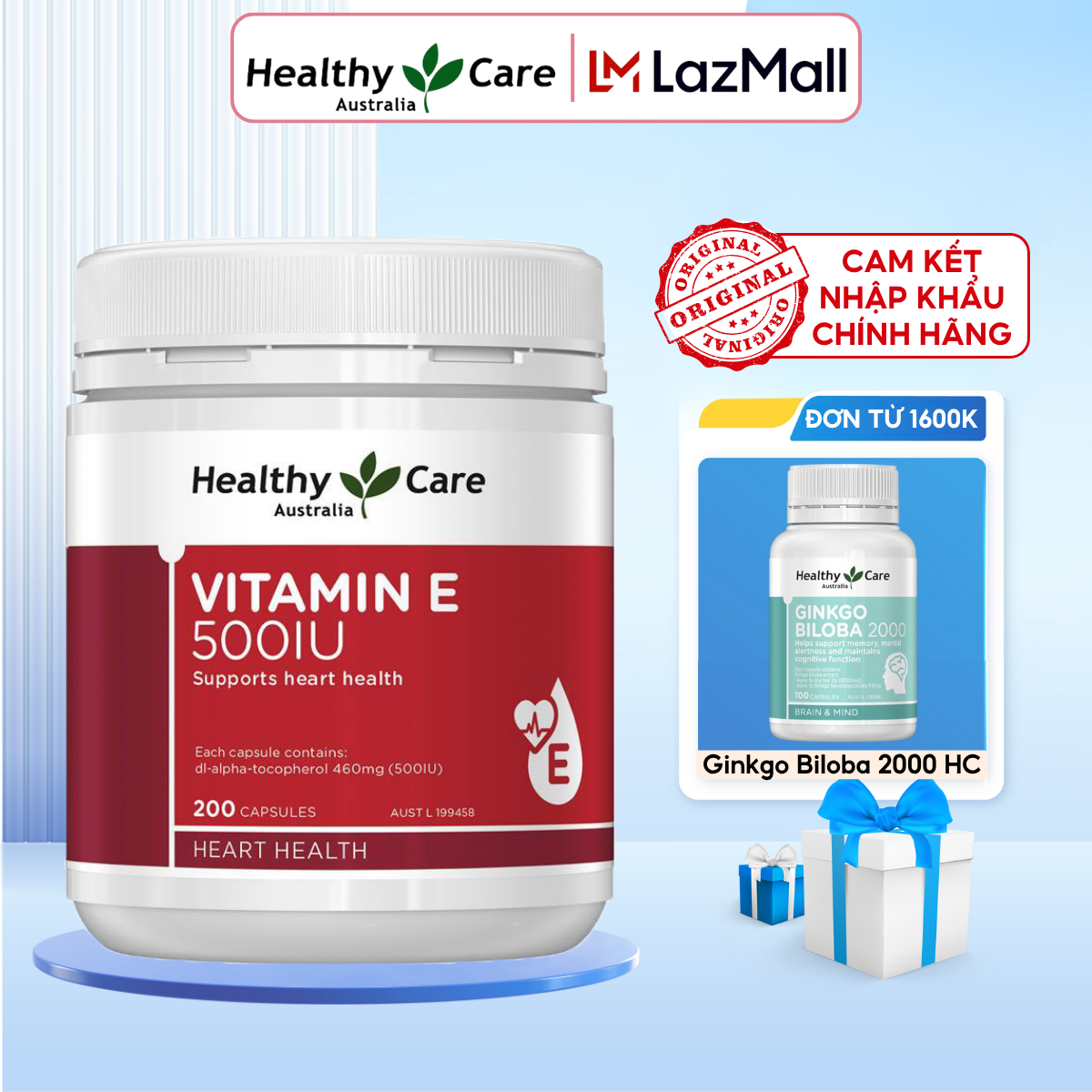 Vitamin E Healthy Care 500IU Úc dưỡng ẩm chăm sóc da dưỡng trắng và mờ thâm sẹo, giúp da căng mịn tươi trẻ 200 viên