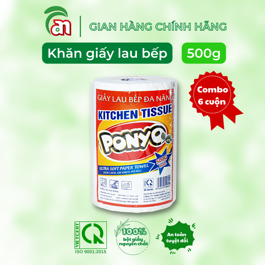 Combo 6 cuộn khăn giấy lau bếp đa năng ponyo 2 lớp 500g - thiên an nam paper