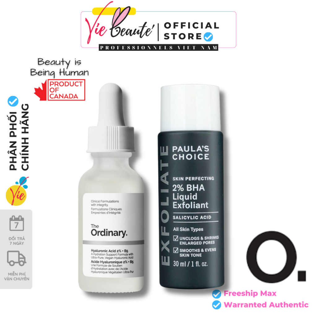 COMBO Paula's Choice BHA 2% [30ml] + The Ordinary Hyaluronic Acid 2% + B5 [30ml] giúp giảm mụn ẩn & căng bóng da