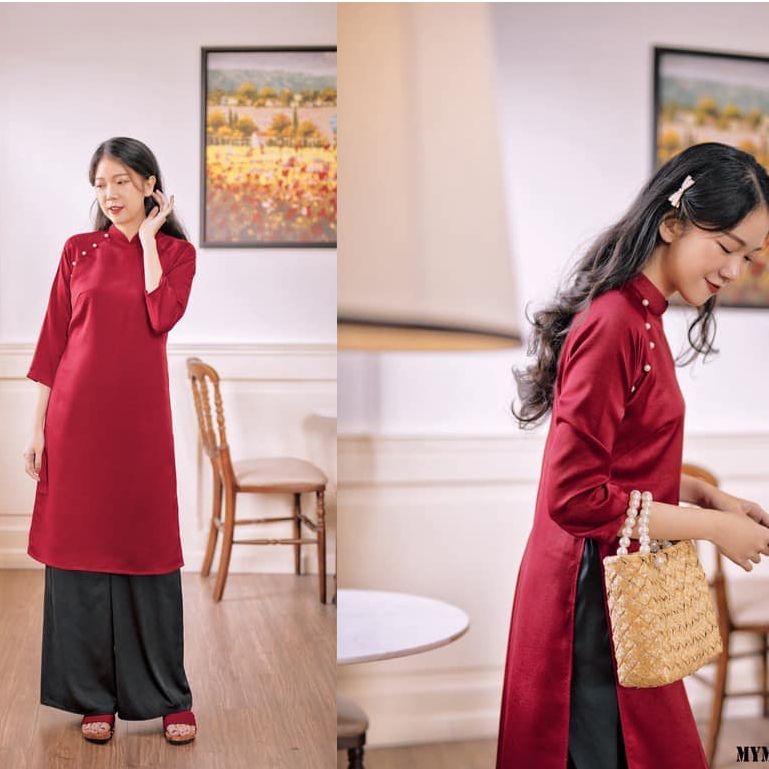 Set áo dài lụa trơn cài nút hạt ngọc siêu sang freesize