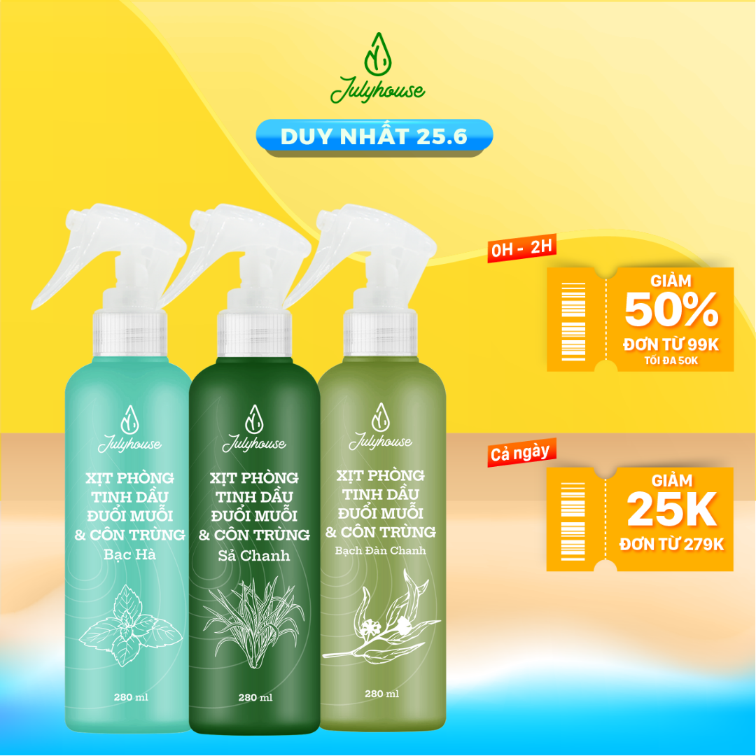 Bình Xịt Phòng Tinh Dầu Sả Chanh, Bạc Hà, Quế, Bạch Đàn Chanh Đuổi Muỗi 280ml Julyhouse Khử Mùi Hiệu Quả (MÙI TỰ CHỌN)