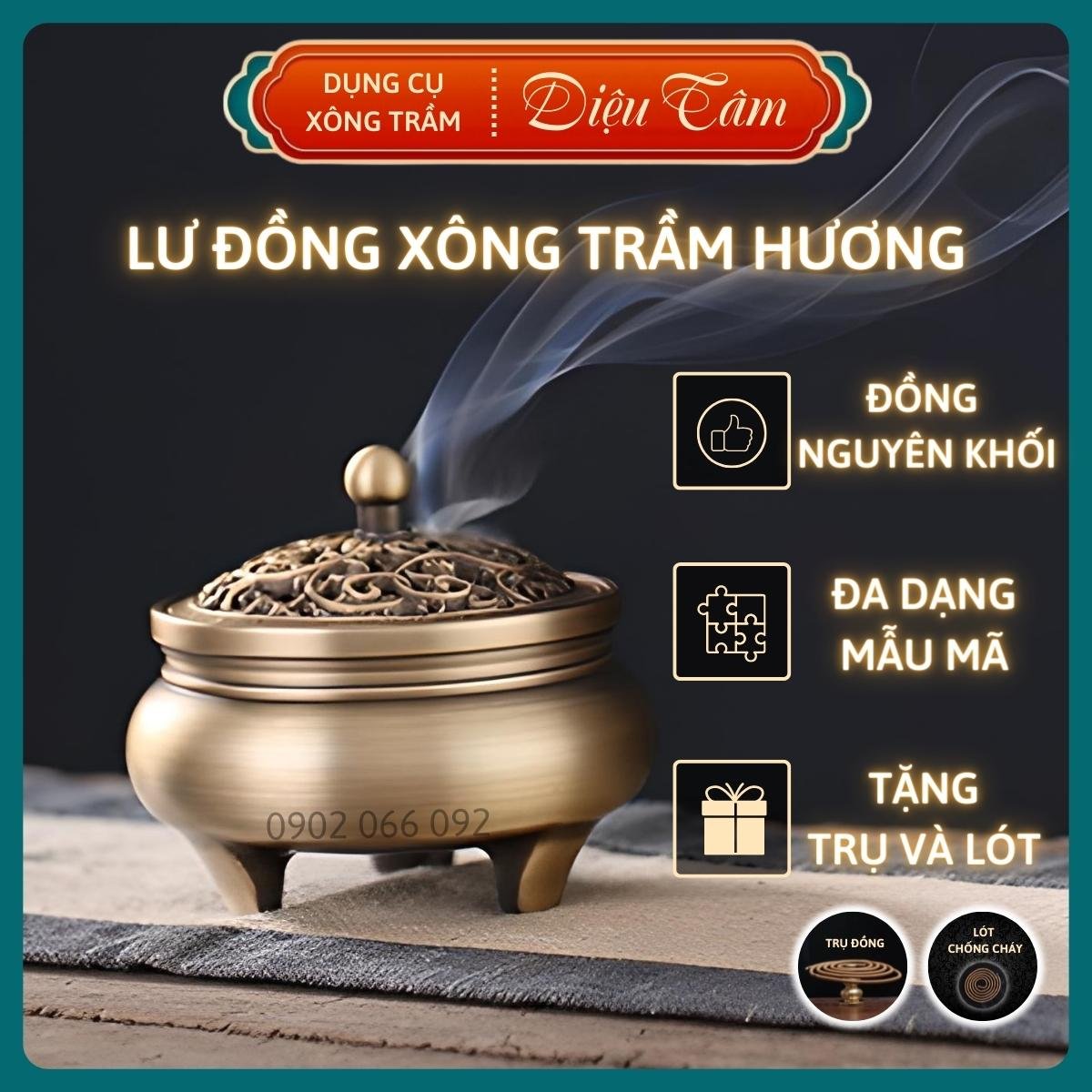 Lư đồng xông trầm dùng xông nụ trầm hương ,nhang trầm hương thay thác khói trầm hương , lư điện xông trầm Diệu Tâm