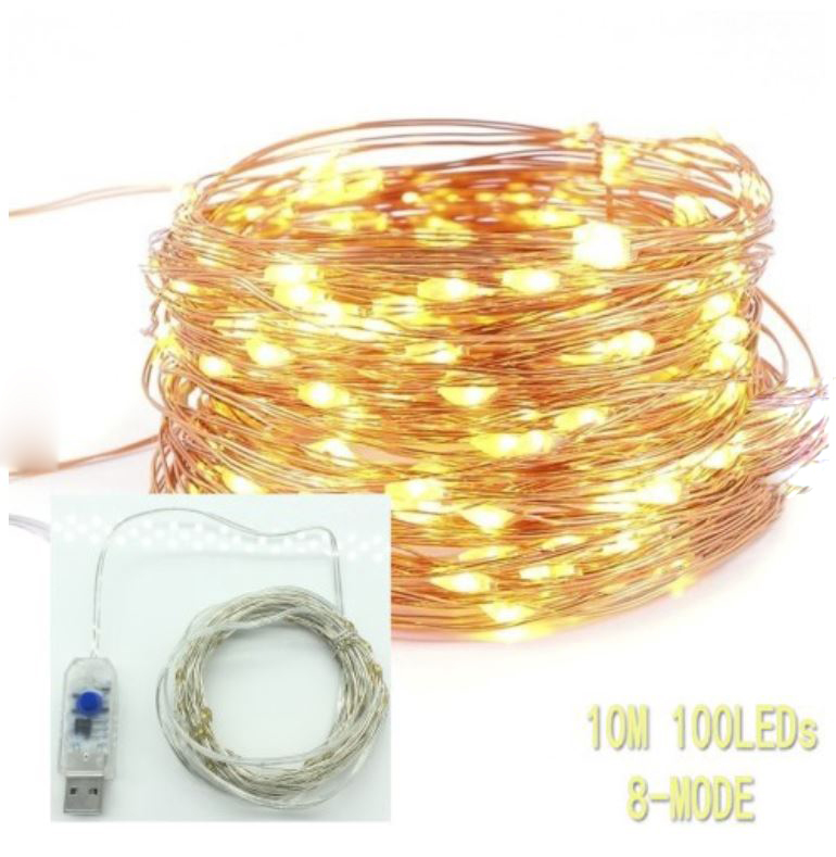 Dây đèn 100 led dài 10m sáng vàng 8 chế độ nháy dùng cổng usb