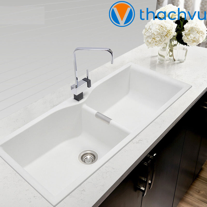 Bồn rửa chén đá 2 hộc 99x48cm, chất liệu đá granite phủ nano chống bám bẩn vĩnh viễn