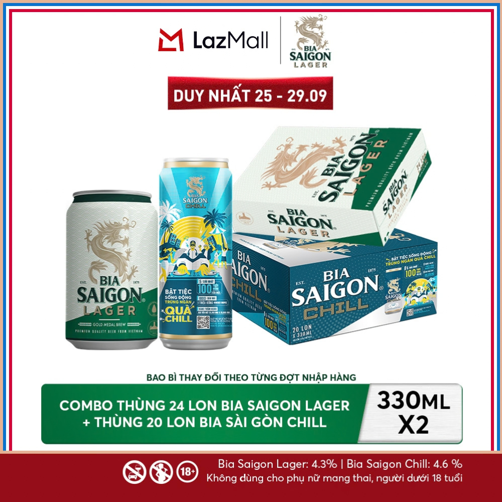 Nồng Độ Cồn 4.3% - Combo 1 Bia Saigon Lager 330ml + Nồng Độ Cồn 4.6% - 1 Bia Sài Gòn Chill 20 Lon 330ml