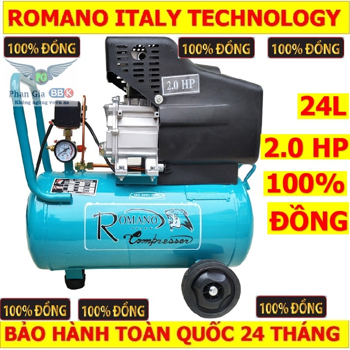 Máy nén khí romano 24l, máy nén khí có dầu, máy nén khí 24 lít, máy nén khí 100% dây đồng
