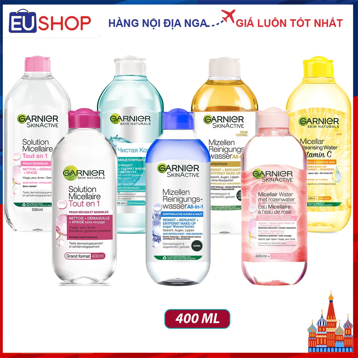 Tẩy trang Garnier Micellar bản Nga Đức Pháp - Lọ 400ml