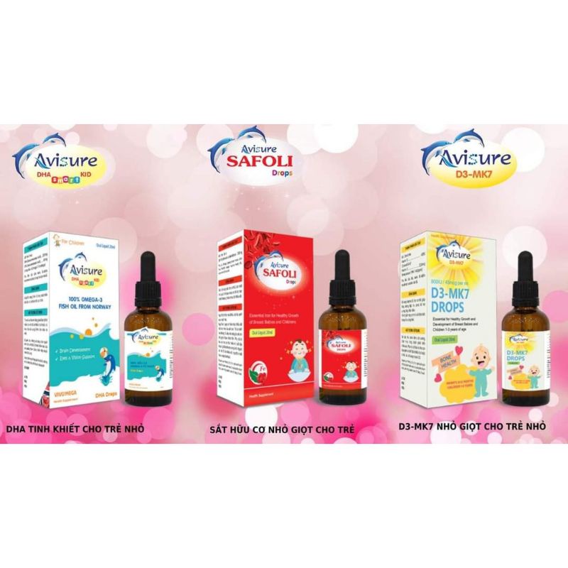 Bộ 3 avisure kid - avisure d3 mk7, smart kid dha và sắt safoli drops cho bé yêu từ 0- 24 th
