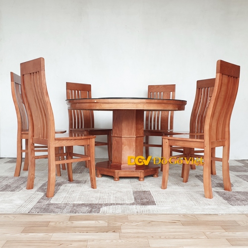 [Trả góp 0%] Bộ Bàn Ăn Tròn Mâm Xoay Kính Gỗ Sồi 6 Ghế Màu Cánh Gián