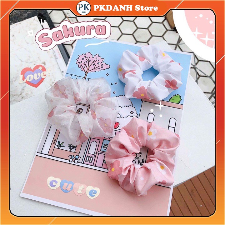 Cột tóc scrunchies sakura, dây buộc tóc vải Scunchies hoa anh đào PKUnisexStore