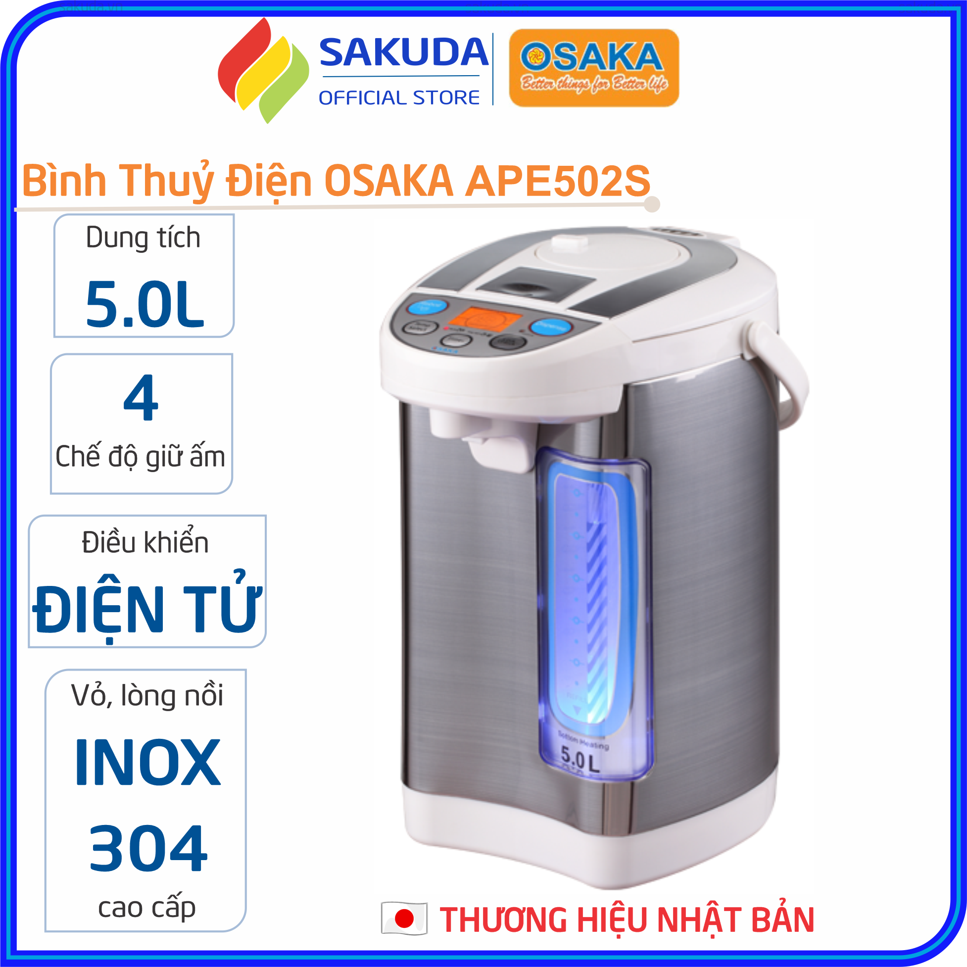 Bình thủy điện 5.0 lít osaka nhật bản ape502s - công suất 750w - bình thuỷ điện với 4 chế giữ ấm giữ được nhiệt lâu- vỏ ngoài và lòng nồi làm bằng inox 304 siêu bền – hàng chính hãng