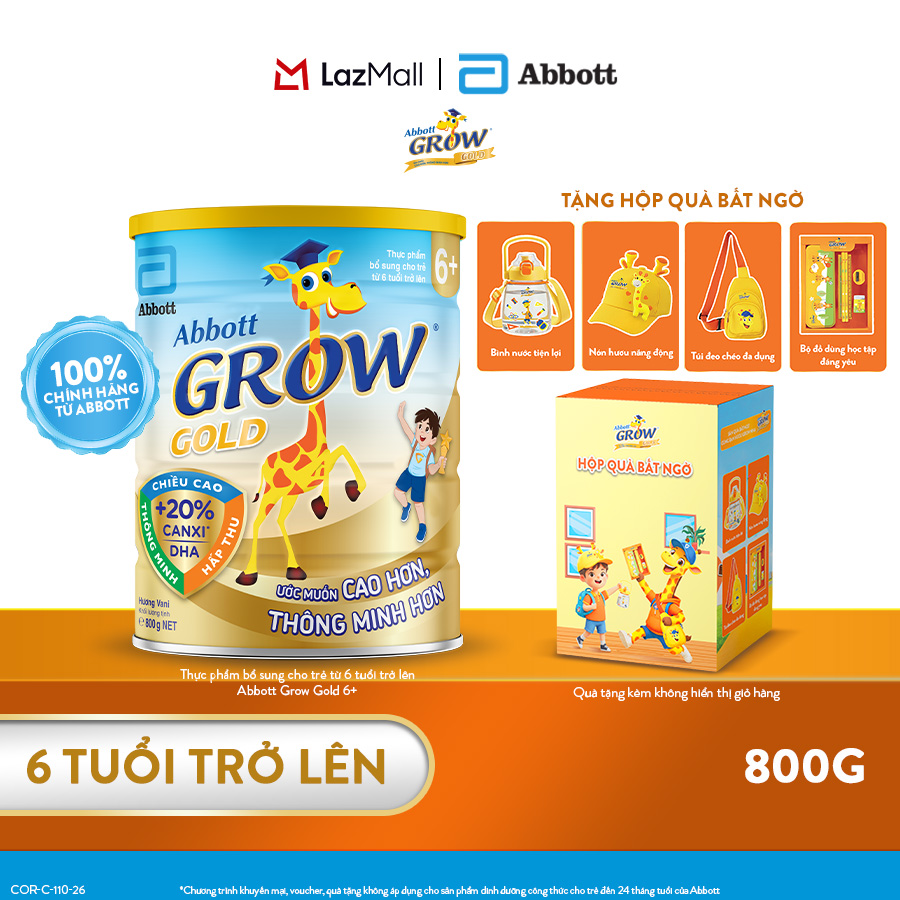[CHỈ 09-11.06 QUÀ TẶNG CHO ĐH 899K-SLCH] Lon sữa bột Abbott Grow 6+ 800g tặng 1 Hộp quà bất ngờ