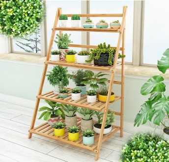 [Có sẵn] Kệ Hoa Ban Công Nhiều Tầng Bằng Tre Có Giá Treo Có Thể Gấp Gọn