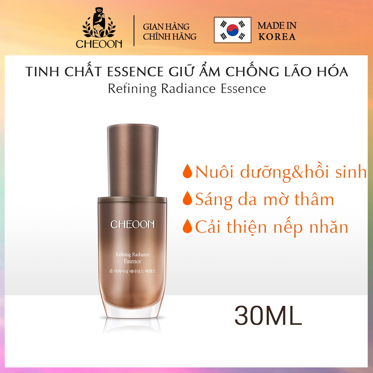 Tinh chất Essence dưỡng ẩm trẻ hóa da, ngăn ngừa lão hóa da Chiết xuất nấm linh chi đỏ, linh chi đen từ hàn quốc CHEOON Refining Radiance Essence 30ml