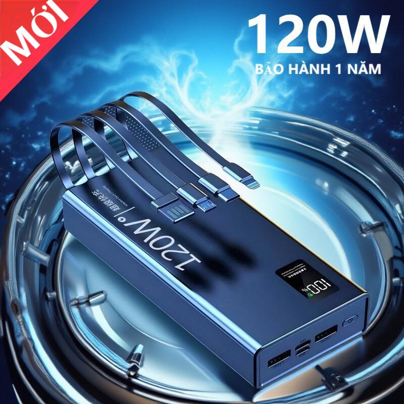 Xạc dự phòng 50000mAh Siêu nhanh PD20W, 120W sạc dự phòng nạp dùng 5 đầu ra 3 đầu vào có đèn LED 4 dây sạc nhanh