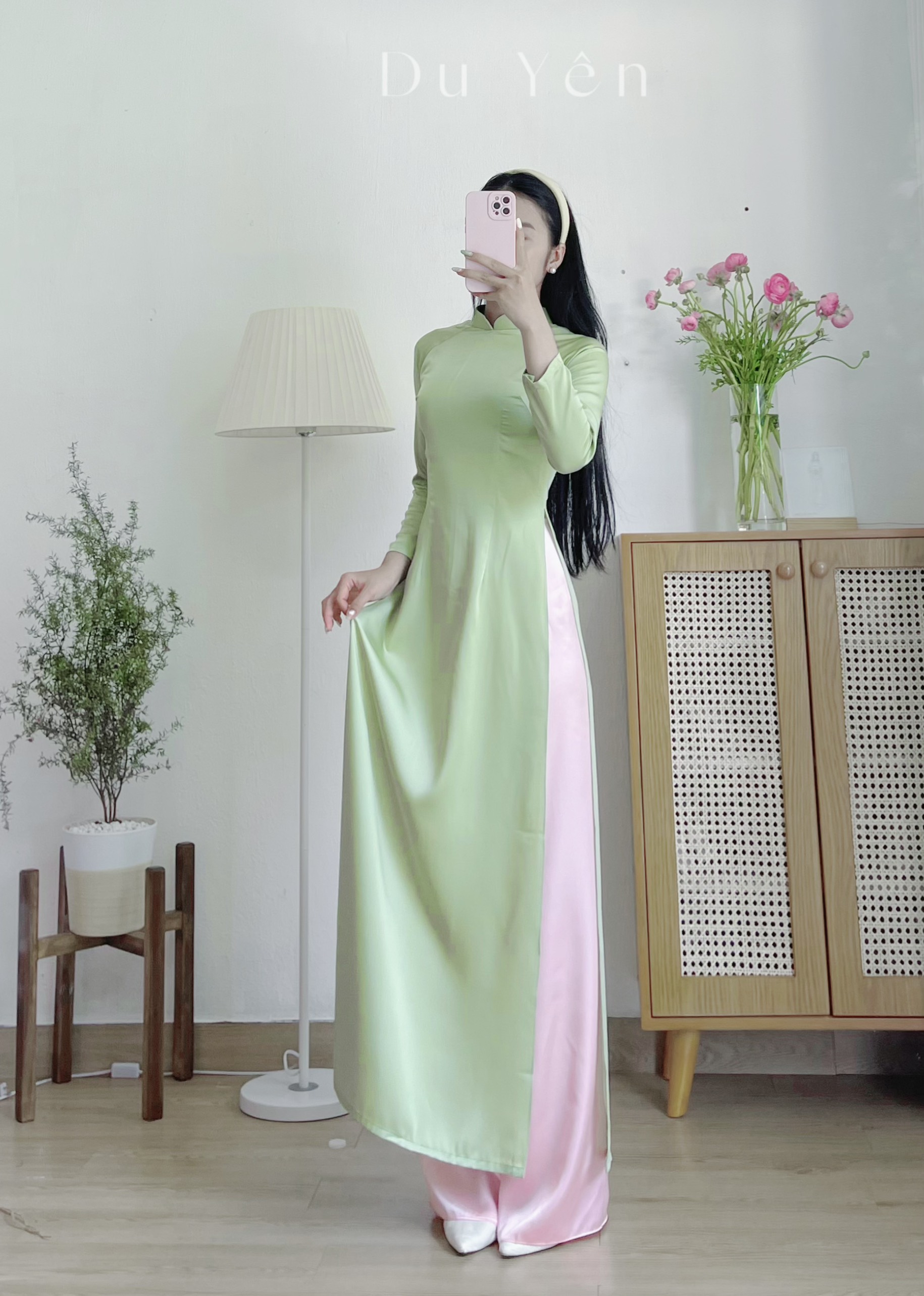 Áo dài cách tân lụa tây thi , áo dài thụy xanh bơ