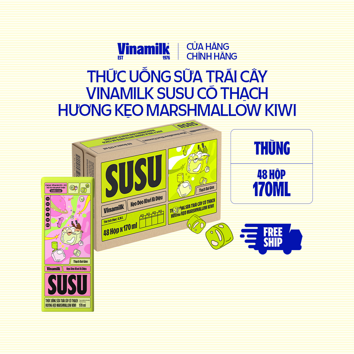 Thùng thức uống sữa trái cây Vinamilk Susu có thạch - Hương kẹo Marshmallow Kiwi - Thùng 48 hộp x 170ml