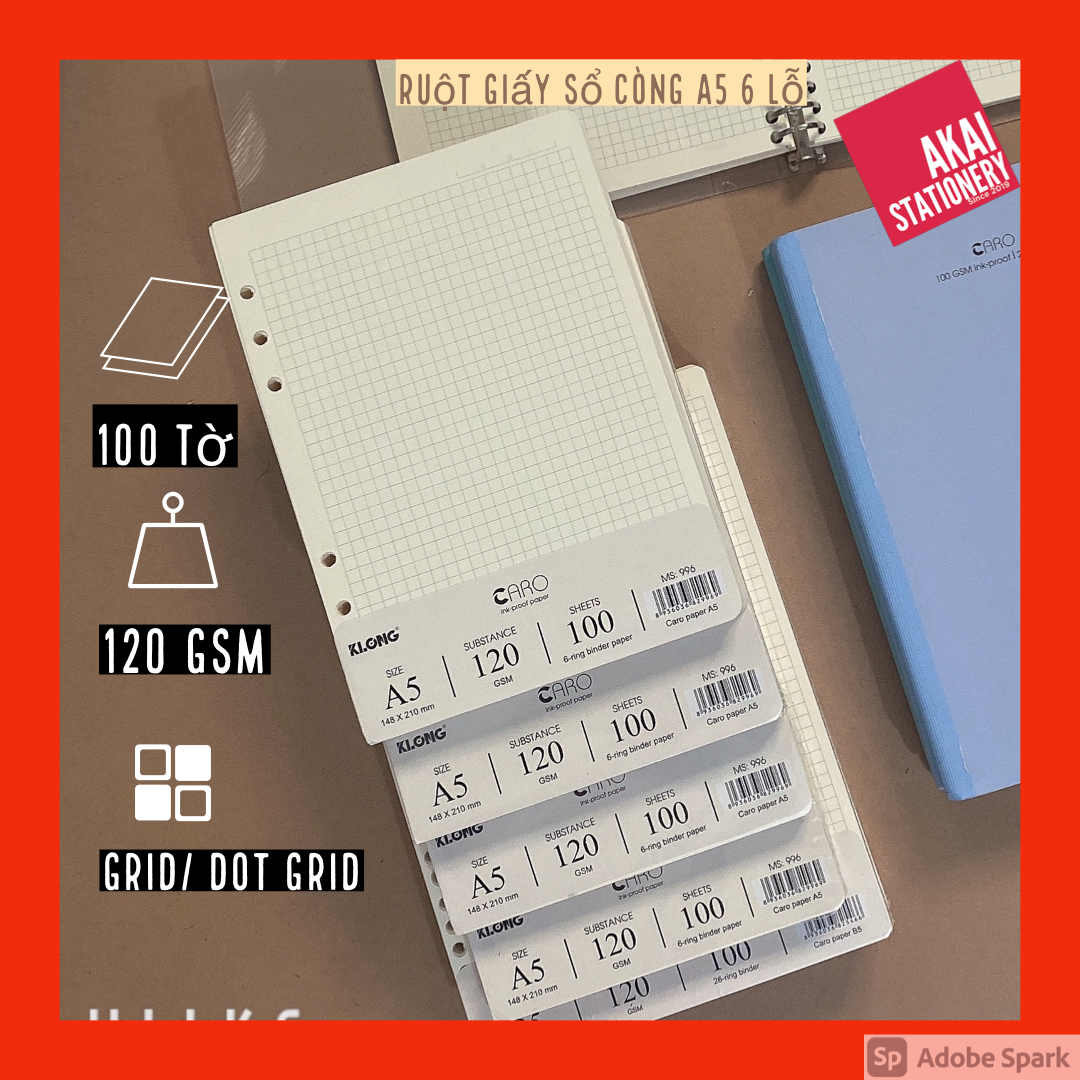 Ruột sổ còng klong a5 100 tờ giấy caro, giấy refill klong ms 996