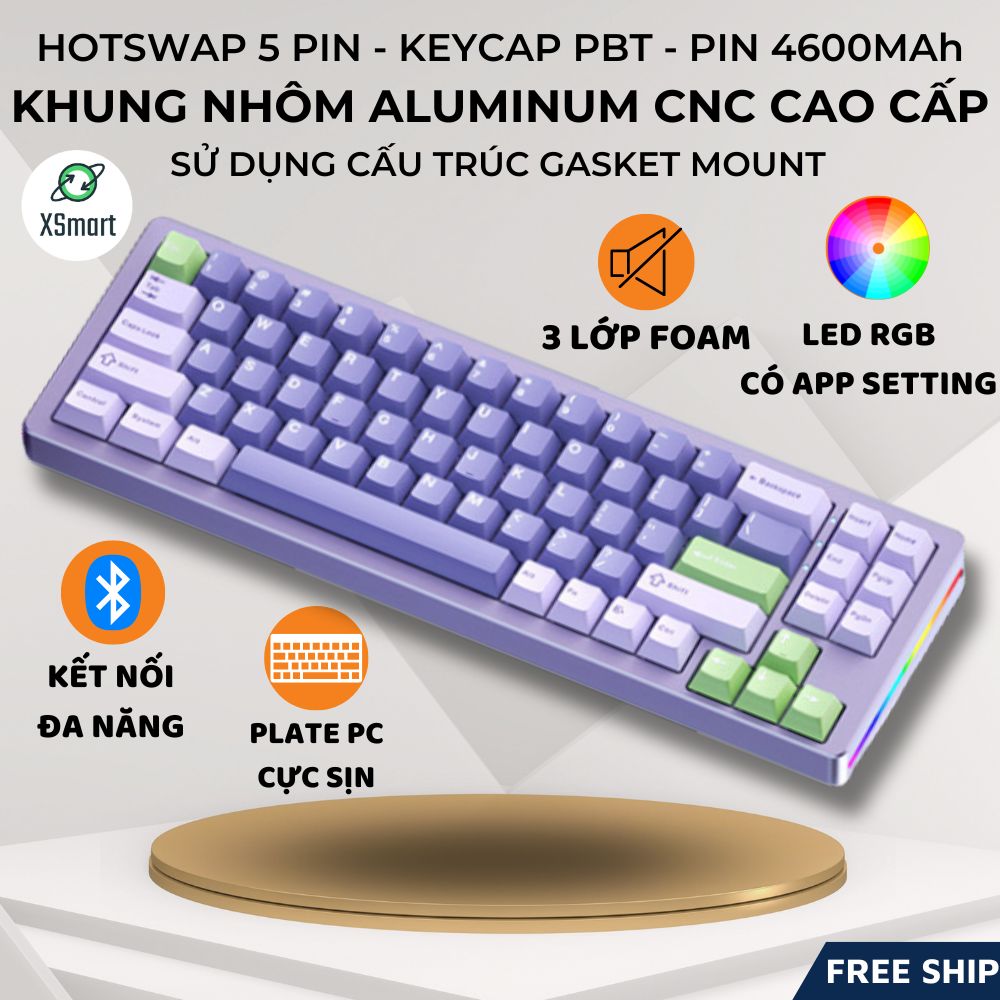 Bàn phím cơ bluetooth khung nhôm aluminum xm-m71 cấu trúc gasket, hotwsap 5 pin mạch xuôi cao cấp gõ cực sướng