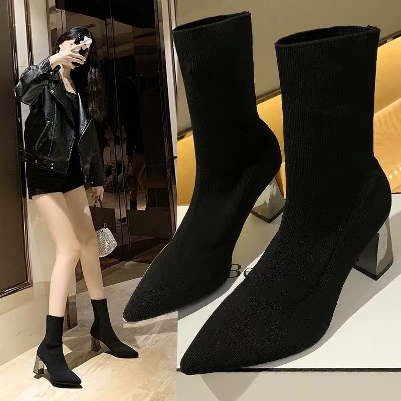 Bốt nữ len gót bạc mới - boot nữ cao cổ màu đen mũi nhọn gót cao 7 cm boots nữ ulzzang hàn quốc đẹp giá rẻ hot 2023