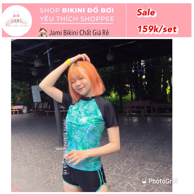 Đồ bơi tay dài quần đùi kín đáo đi biển bơi giá rẻ lá kim - atd29