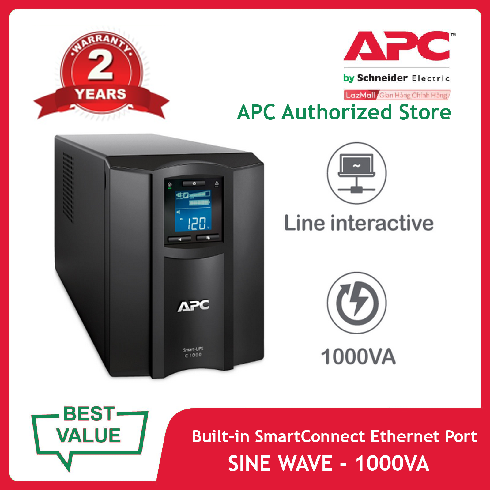 [Trả góp 0%]Bộ lưu điện APC: Smart-UPS C 1000VA LCD 230V with SmartConnect - SMC1000IC