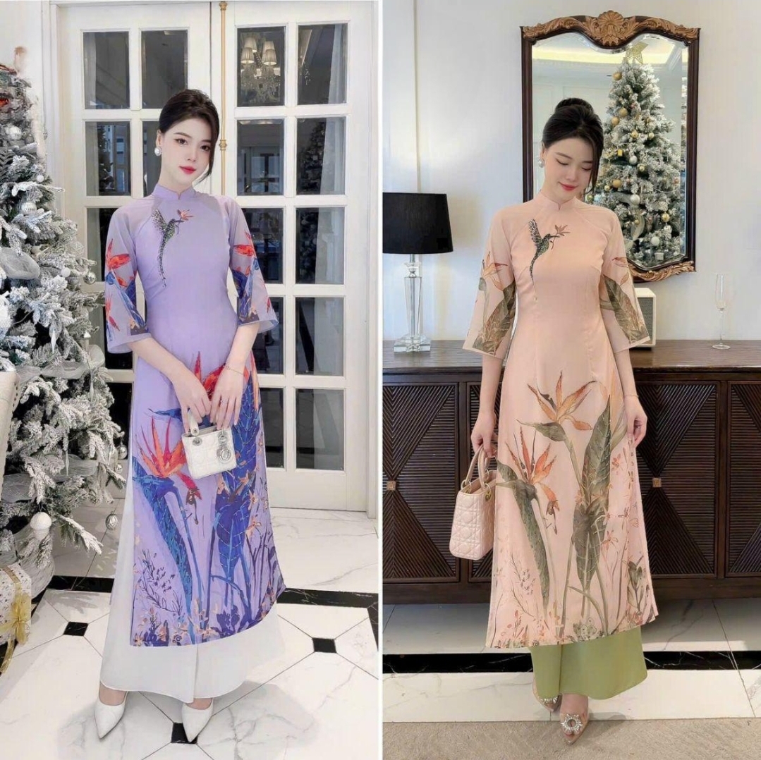 Áo dài cách tân nữ chất lụa đính kết hoa nổi - Áo Dài Lan Khuê