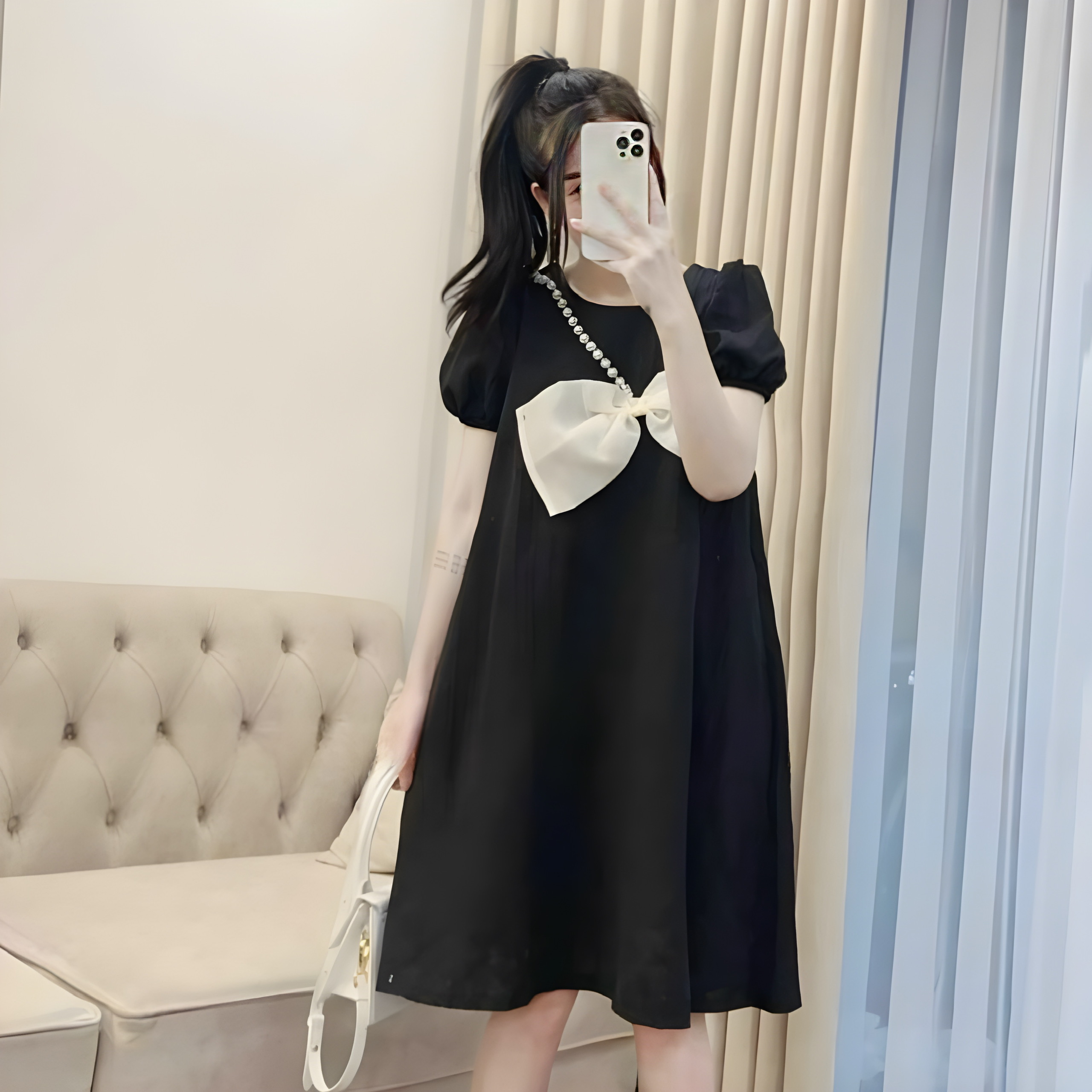 Váy bầu tơ đính nơ ngọc v085