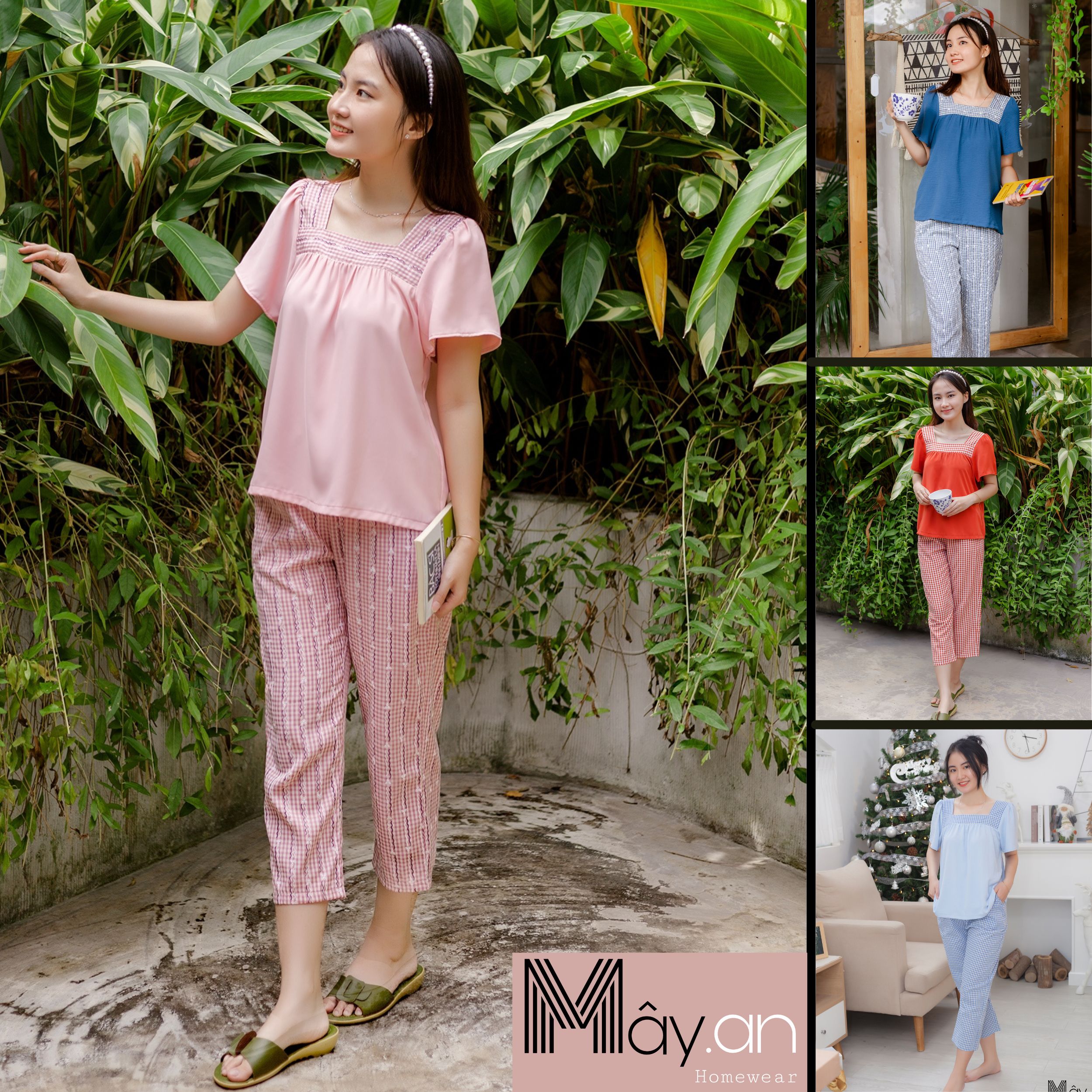 Đồ mặc nhà MÂY áo cổ vuông quần dài caro coton