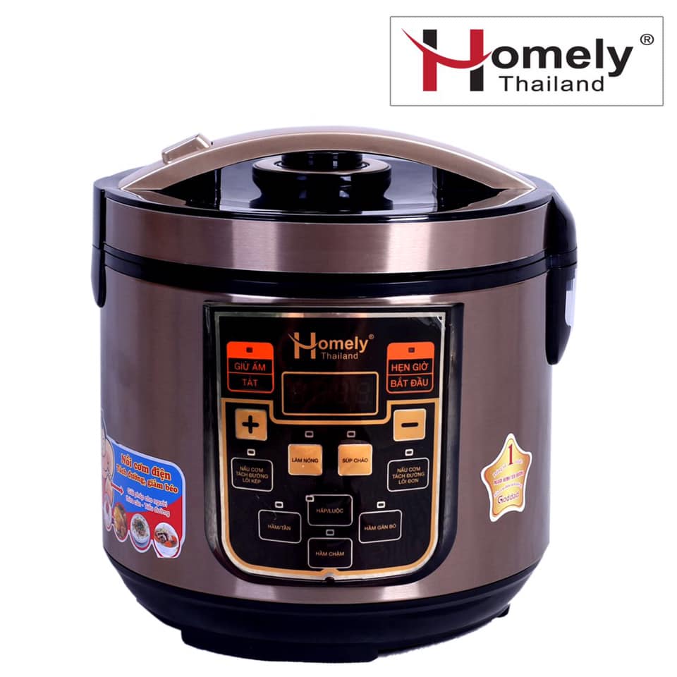 Nồi cơm điện tách đường homely 8 chế độ nấu siêu tiện dụng, thương hiệu thái bằng inox 304 đạt tiêu chuẩn bộ y tế, loại bỏ tinh bột xấu và đường trong gạo, lòng nồi lõi thép kép inox 304, vỏ nhựa chịu nhiệt, chịu lực.