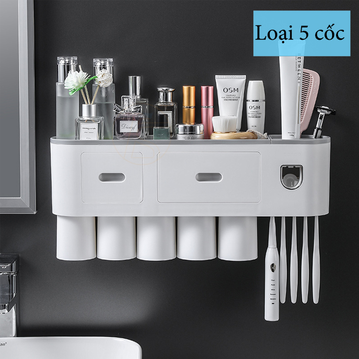 Kệ nhả kem đánh răng tự động đa năng kèm 1 đến 5 cốc - Kệ nhà tắm dán tường để dầu gội sữa tắm - Kệ để đồ dùng nhà tắm - Kệ treo bàn chải - kệ nhà vệ sinh