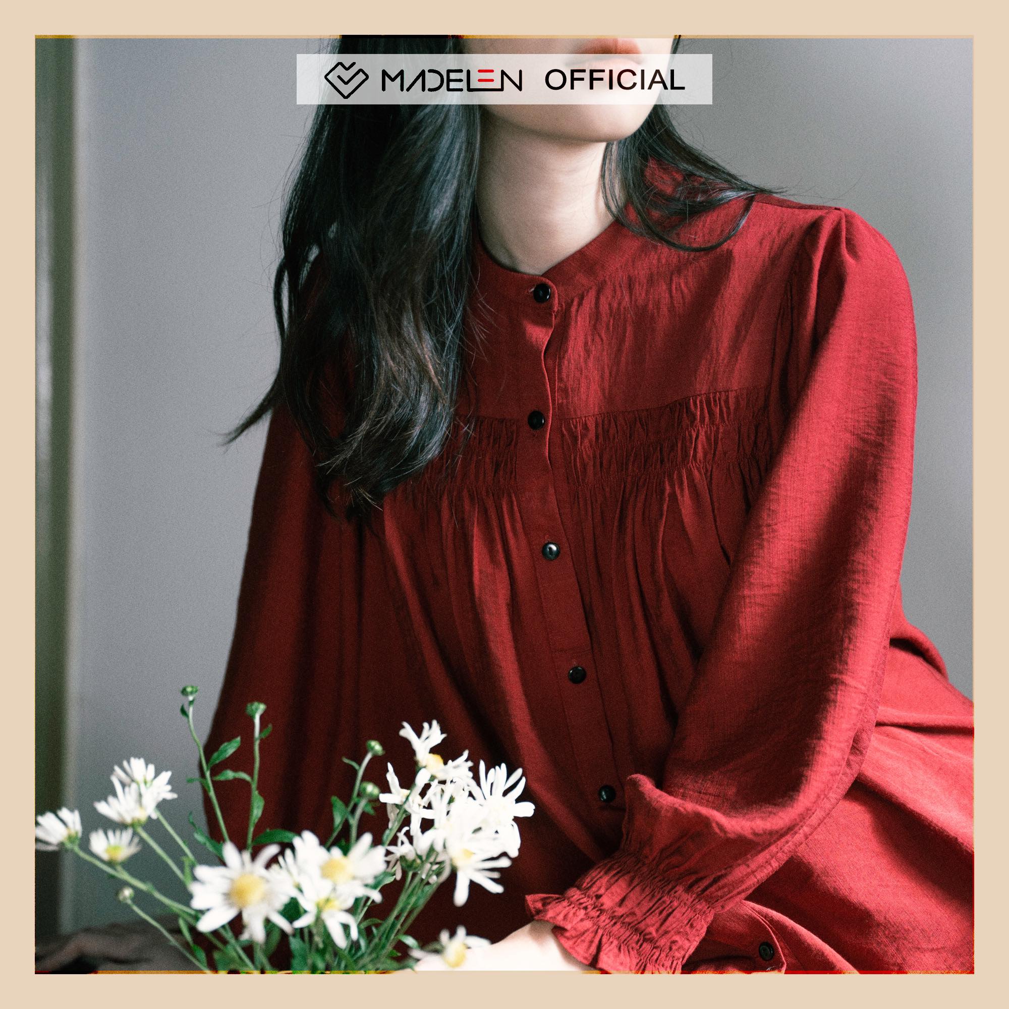 Áo cổ tàu tay nhún đỏ madelen