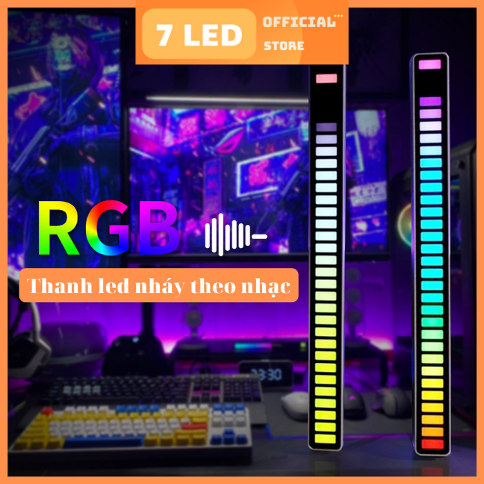 Thanh đèn LED RGB trang trí nhấp nháy theo nhạc hoặc tiếng động cực nhạy - Đèn TikTok trang trí Bàn làm việc 32 hạt màu 16 triệu màu cảm ứng âm thanh, tặng kèm đế để bàn